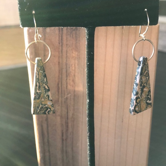 Artisan Agate earth tones modern earring small gold hoop and earwire polished - Picture 2 of 7